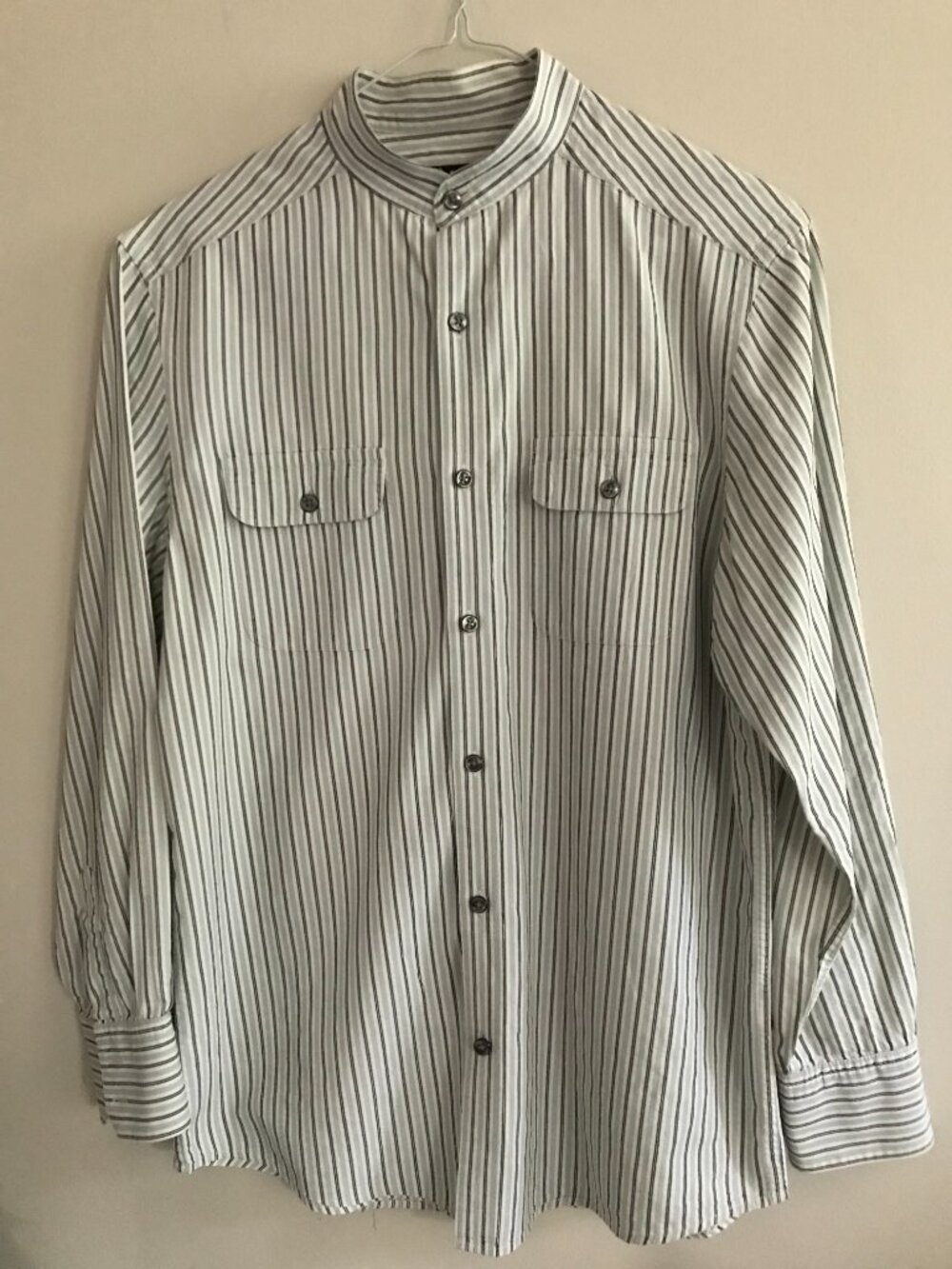 CLAIBORNE Men's Striped Grandad Collar Shirt Long Sleeve cotton size S